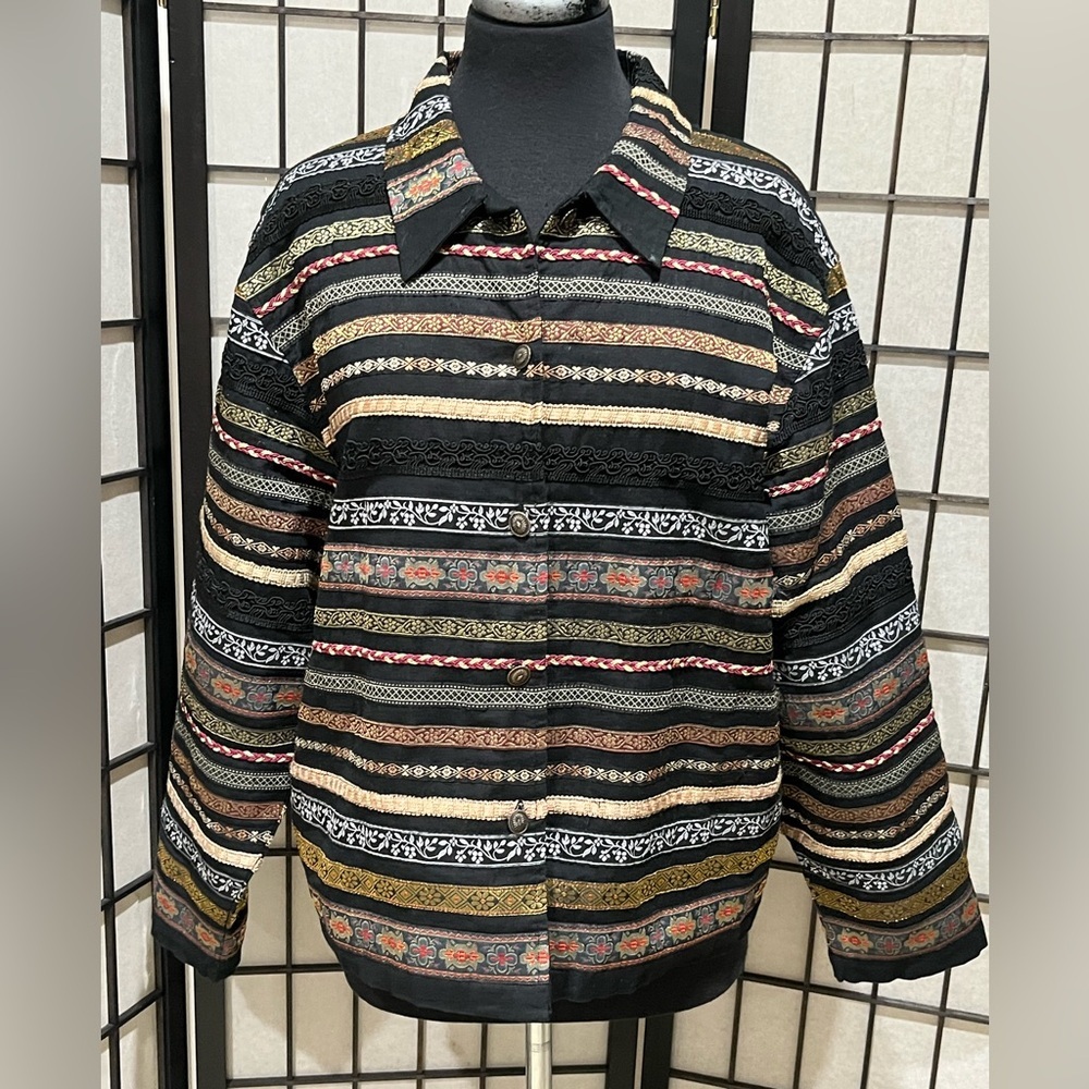 Tantrums Collection Black LACE STRIPE TRIM EMBELLISHED BOHO WOMENS JACKET SIZE L